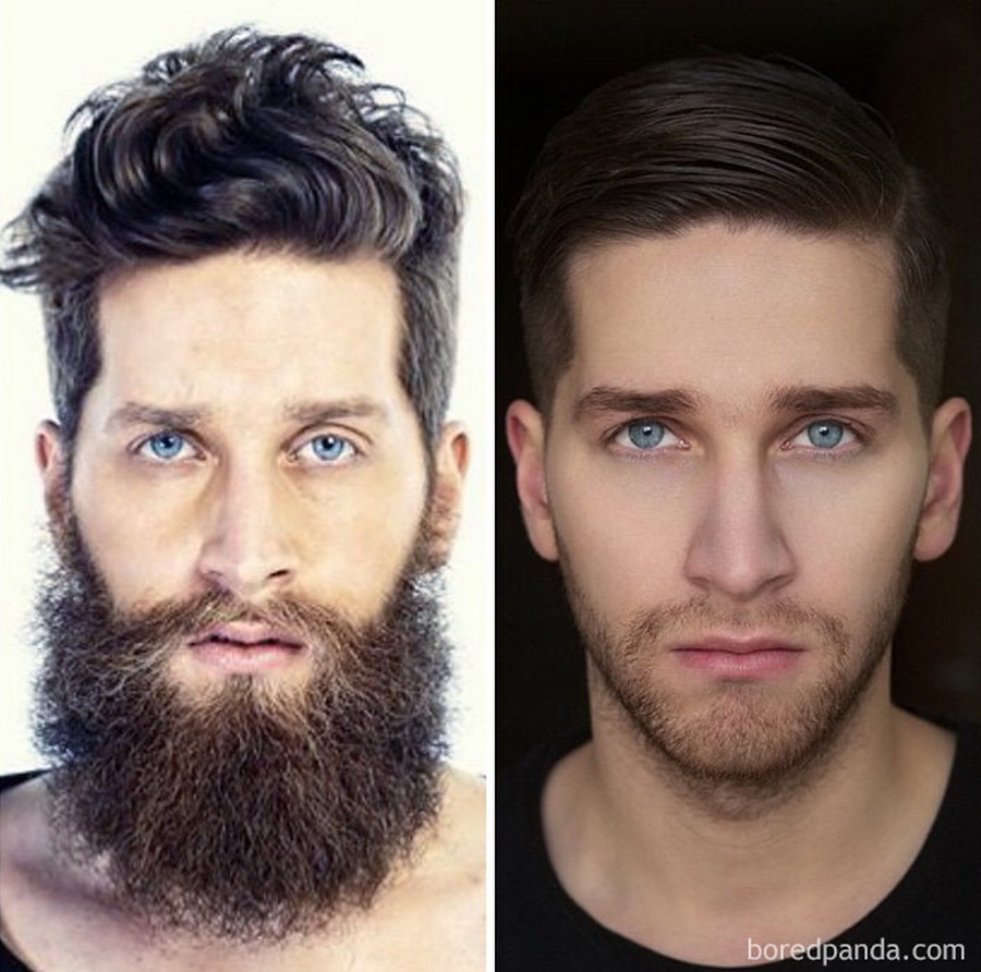 Скольки лет можно бриться. Мужчина с бородой. Мужчина без бороды. Борода до и после. Люди с бородой и без.